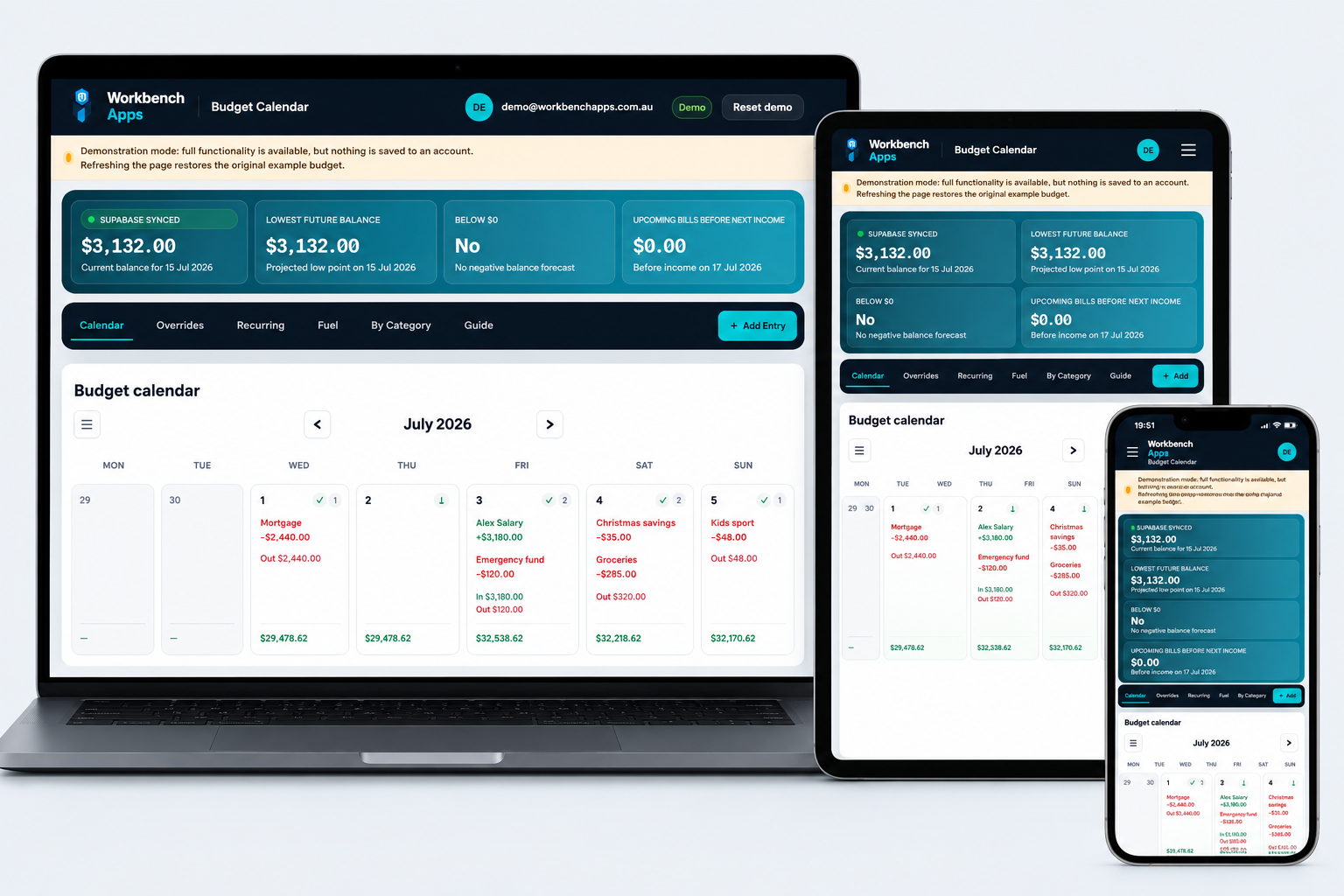 Budget Calendar running on a laptop, tablet and mobile phone