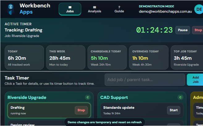 Task Timer Jobs board showing the active timer, daily totals and Job columns